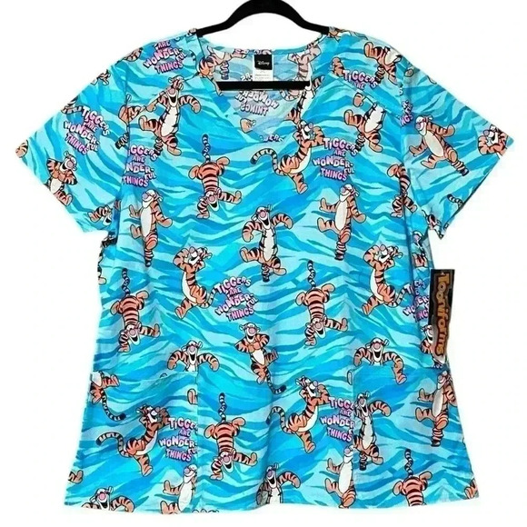 Cherokee x Disney Wonderful Tiggers Scrub Top Women 2XL Blue Winnie the Pooh NWT - Picture 3 of 9